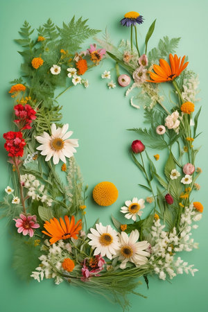 colorful wildflowers frame on pastel green backgroundの素材