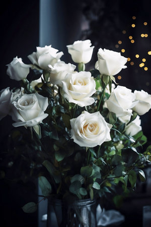 still life with bouquet of white roses on dark backgroundの素材