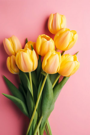 bouquet of yellow tulips on pink background top viewの素材