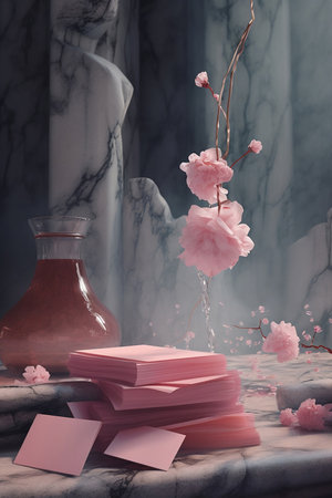 still life with pink flowers and essential oils and booksの素材