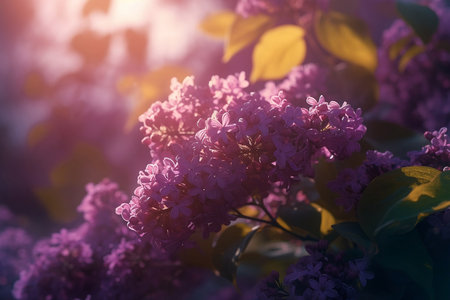 blooming lilac bushes in soft sunlight close upの素材