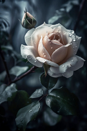 blooming white rose in dew drops close upの素材