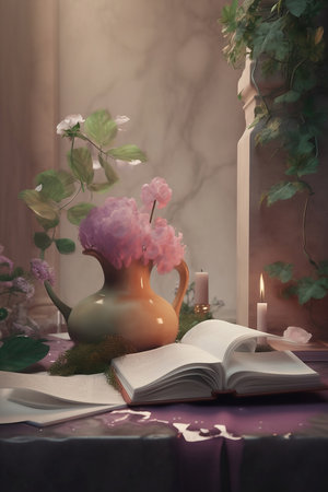 still life with pink flowers and essential oils and booksの素材