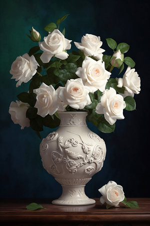 still life with white roses in ceramic vase on dark backgroundの素材
