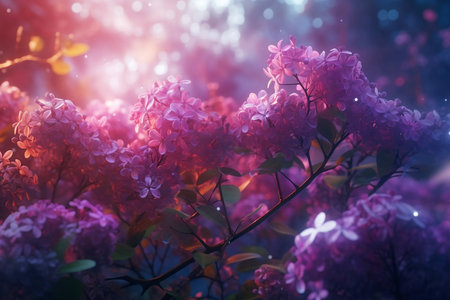 blooming lilac bushes in soft sunlight close upの素材
