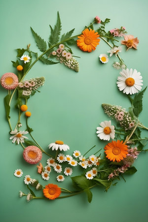 colorful wildflowers frame on pastel green backgroundの素材