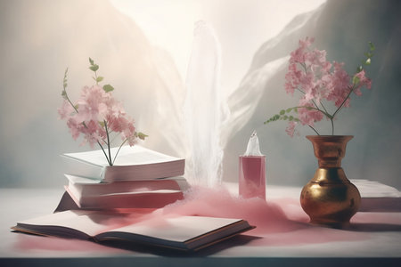 still life with pink flowers and essential oils and booksの素材