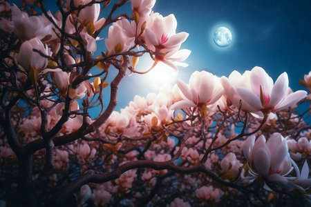 blooming pink magnolia branches at fullmoon night close upの素材