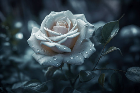blooming white rose in dew drops close upの素材