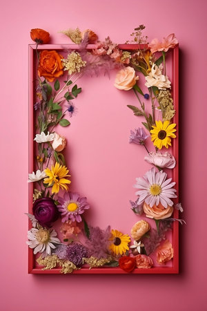 colorful wildflowers with wooden frame on pink backgroundの素材