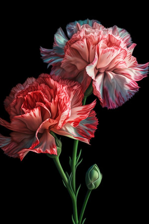 pink and red carnations on black background close upの素材