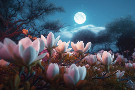 blooming pink magnolia branches at fullmoon night close upの素材