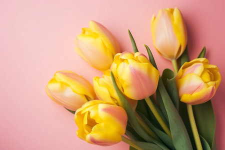 bouquet of yellow tulips on pink background top viewの素材
