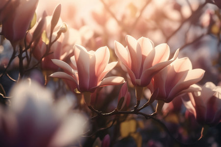blooming pink magnolia branches in soft sunlight close upの素材