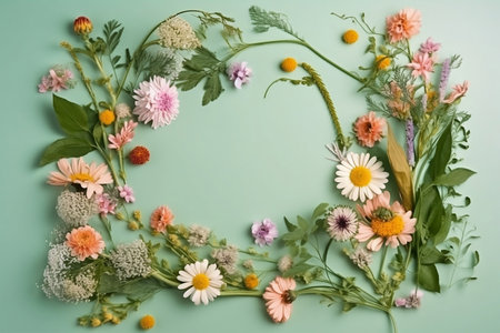 colorful wildflowers frame on pastel green backgroundの素材