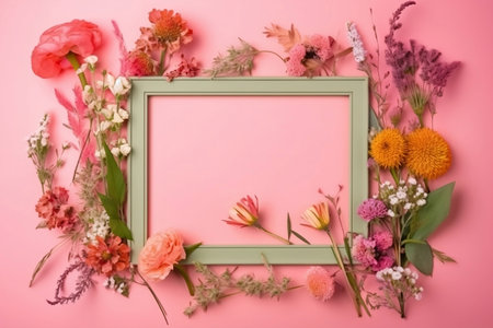 colorful wildflowers with wooden frame on pink backgroundの素材