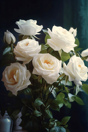 still life with bouquet of white roses on dark backgroundの素材