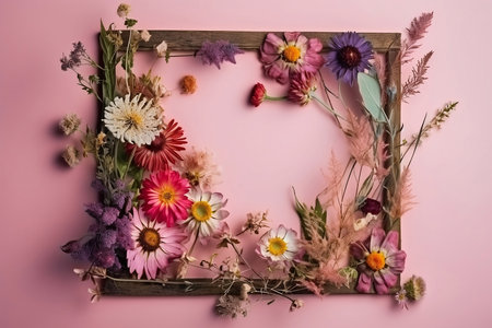 colorful wildflowers with wooden frame on pink backgroundの素材