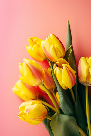 bouquet of yellow tulips on pink background top viewの素材