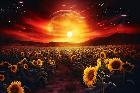 field of sunflowers at full moon nightの素材
