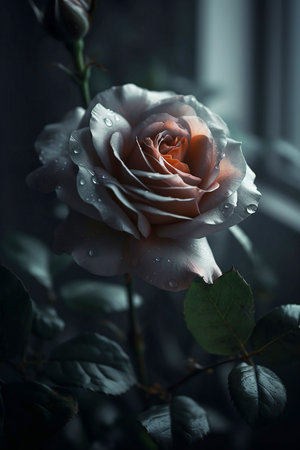 blooming pink rose in dew drops close upの素材
