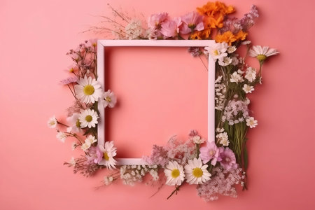 colorful wildflowers with wooden frame on pink backgroundの素材