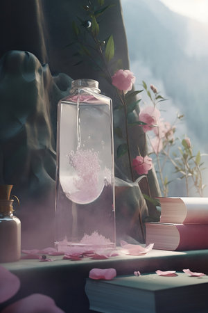 still life with pink flowers and essential oils and booksの素材