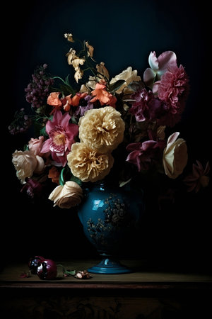 still life colorful wildflowers in vase on dark backgroundの素材