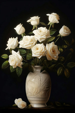 still life with white roses in ceramic vase on dark backgroundの素材