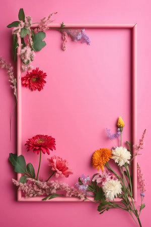 colorful wildflowers with wooden frame on pink backgroundの素材