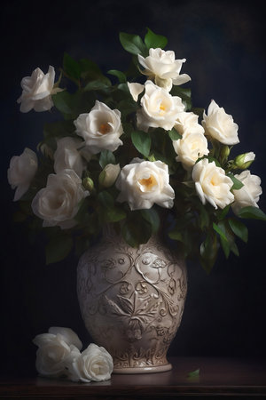 still life with white roses in ceramic vase on dark backgroundの素材