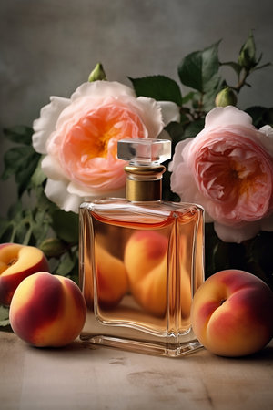 perfume bottle with pink flowers and peaches on wooden surfaceの素材