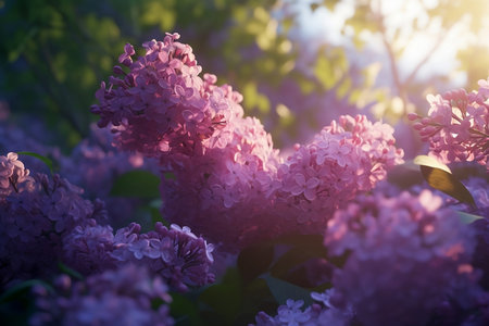 blooming lilac bushes in soft sunlight close upの素材