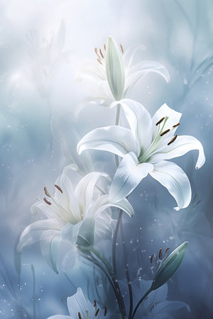 blooming translucent white lilies in fogの素材