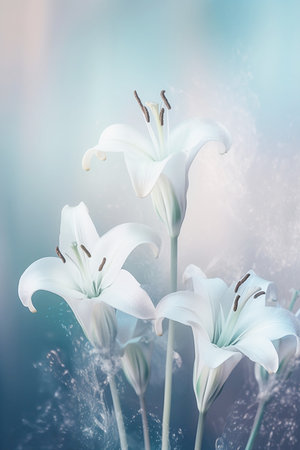 blooming translucent white lilies in fogの素材