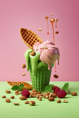 ice cream with waffle and berries and nuts on multicolored backgroundの素材
