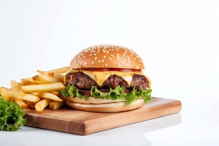 big burger and french fries on wooden board on white backgroundの素材