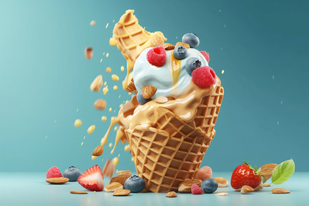 ice cream with nuts and berries on pastel blue backgroundの素材