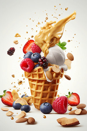 ice cream with nuts and berries on white backgroundの素材