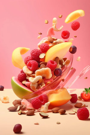 colorful fruit salad on pink backgroundの素材