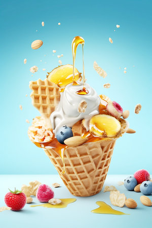 ice cream with nuts and berries on pastel blue backgroundの素材