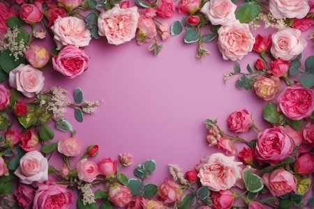 frame of blooming pink roses on purple backgroundの素材