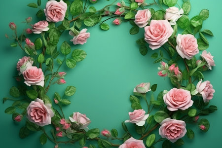 frame of blooming pink roses on green backgroundの素材