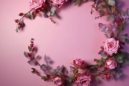 frame of blooming pink roses on pink backgroundの素材