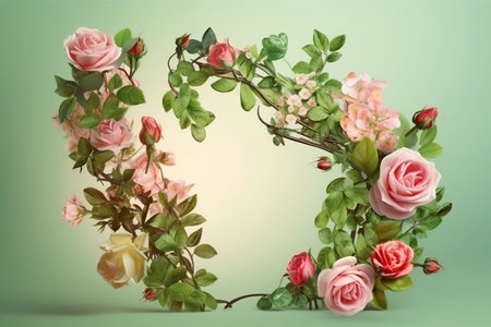 frame of blooming pink roses on green backgroundの素材