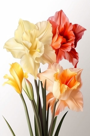 still life with colorful gladioli on white backgroundの素材