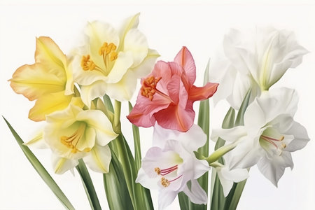 still life with colorful gladioli on white backgroundの素材