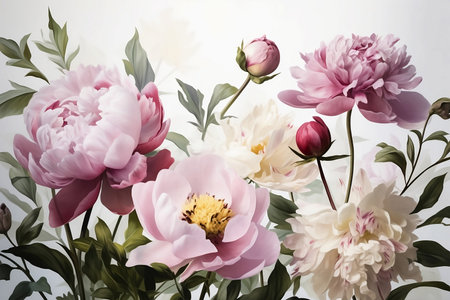 still life with blooming peonies on light backgroundの素材