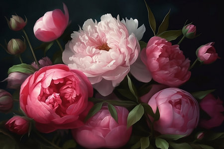 still life with blooming peonies on dark backgroundの素材