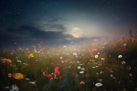 field of wildflowers at nightの素材
